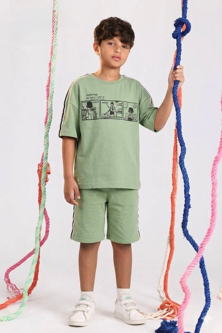 Boys Oversized Graphic T-Shirt & Shorts Set – Casual Mint Green Summer Outfit (Sizes 10–16)