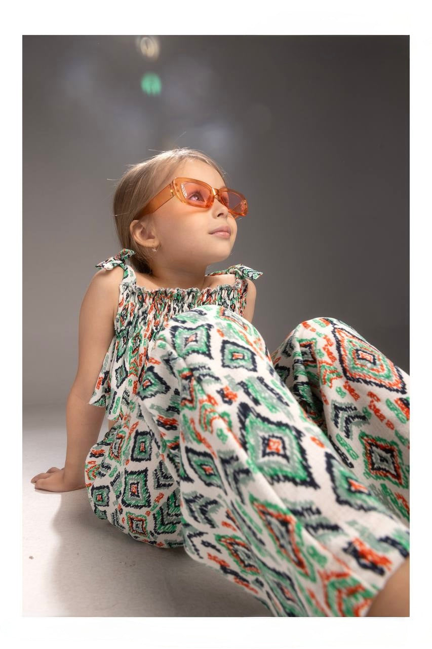 Girls Smocked Crop Top & Wide-Leg Pants Set – Vibrant Summer Print