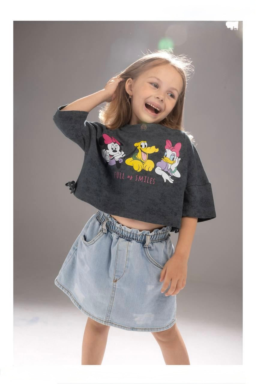 Girls Disney Character Cropped Sweatshirt & Denim Skirt Set – Colorful