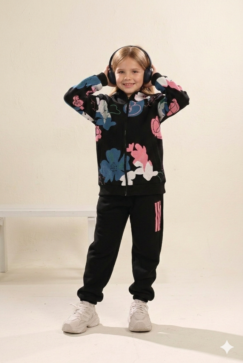 Kids Floral Sports Set – Black Base with Colorful Print k
