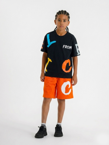 Boys Urban Graffiti Summer Set – Black Oversized Tee & orange Shorts