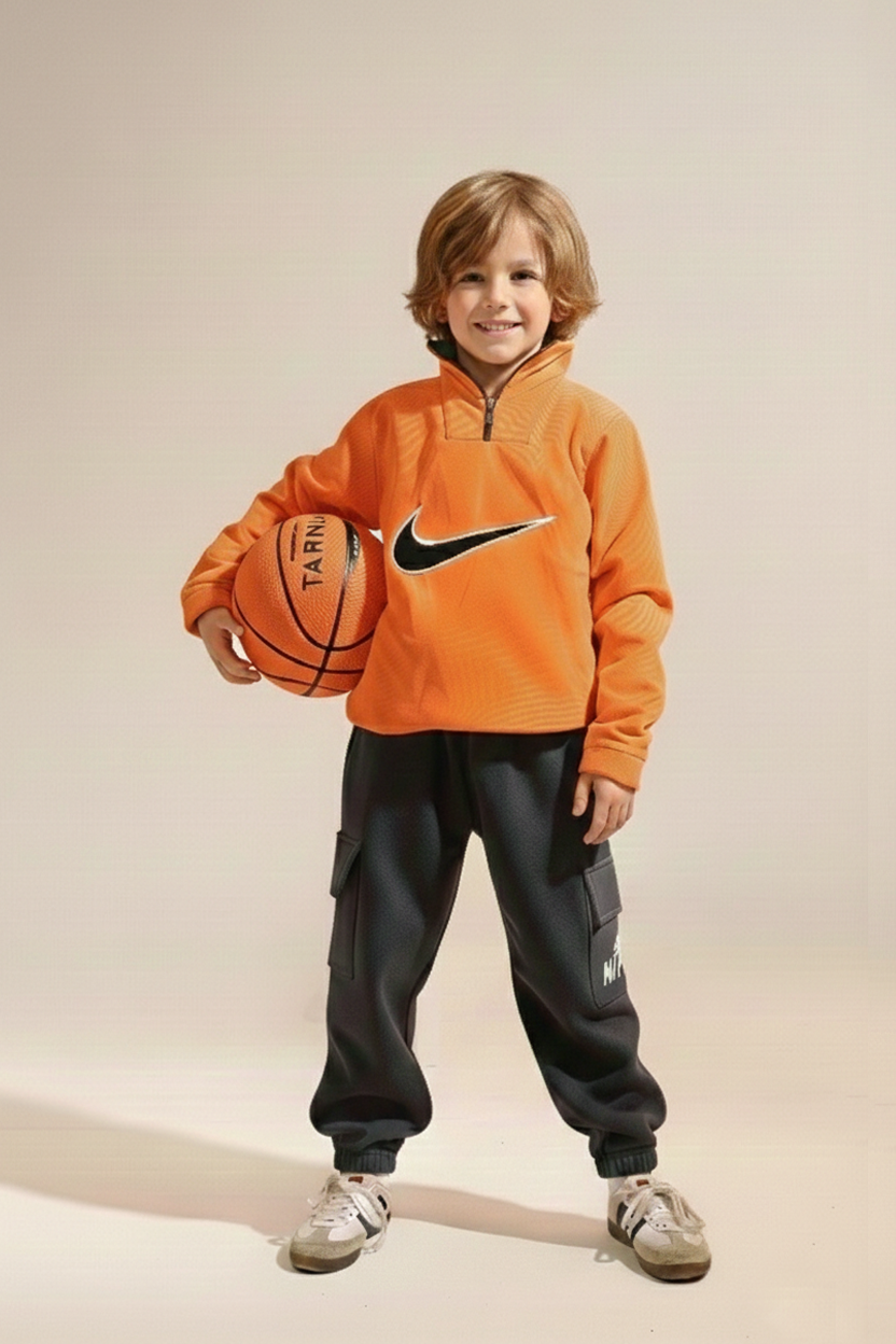 Boys Sporty Tracksuit Set – Orange Jacket & Black Cargo Pants k