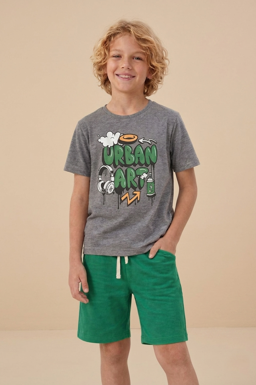Kids Urban Art grey printed t-shirt and green shorts summer set - Kikidoo Kids Egypt