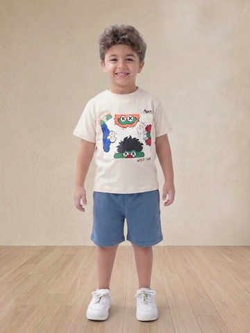 Kids cartoon print beige t-shirt and blue shorts summer set - Kikidoo Kids Egypt