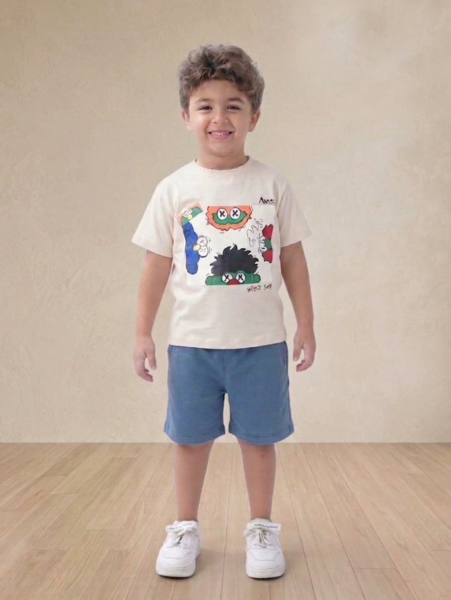 Kids cartoon print beige t-shirt and blue shorts summer set - Kikidoo Kids Egypt