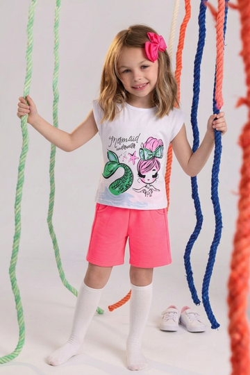 Girls Mermaid Summer Outfit – Cotton Graphic T-Shirt & Pink Shorts