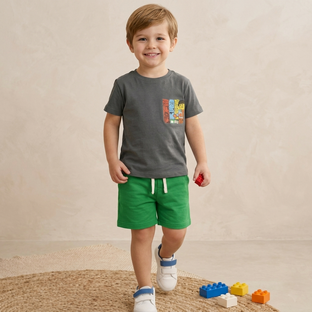Boys grey graphic t-shirt and green shorts casual summer outfit - Kikidoo Kids Egypt
