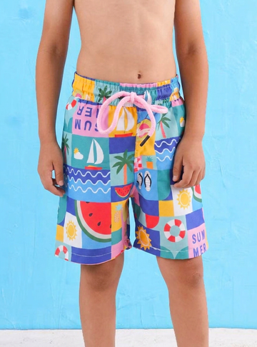 Kids’ Summer Patchwork Print Swim Shorts – Multi Color