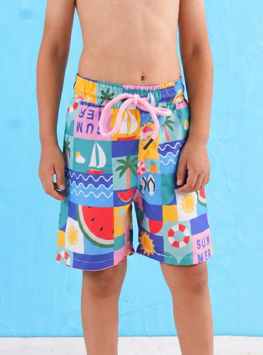 Kids’ Summer Patchwork Print Swim Shorts – Multi Color