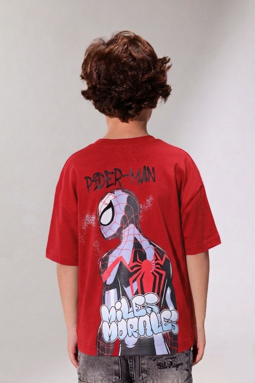 Boys Spider-Man Red T-Shirt – Miles Morales Front & Back Print