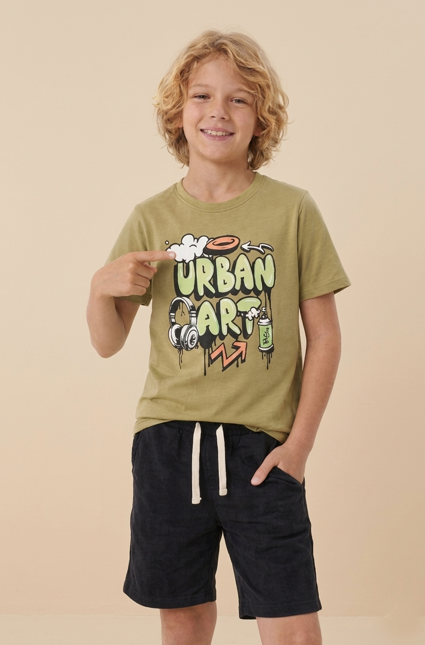 Kids Urban Art olive green t-shirt and black shorts summer set - Kikidoo Kids Egypt