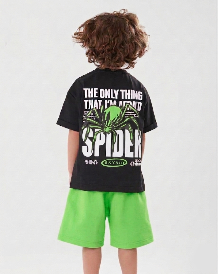 Boys Spider Graphic Summer Set – Black Tee & Neon Green Shorts