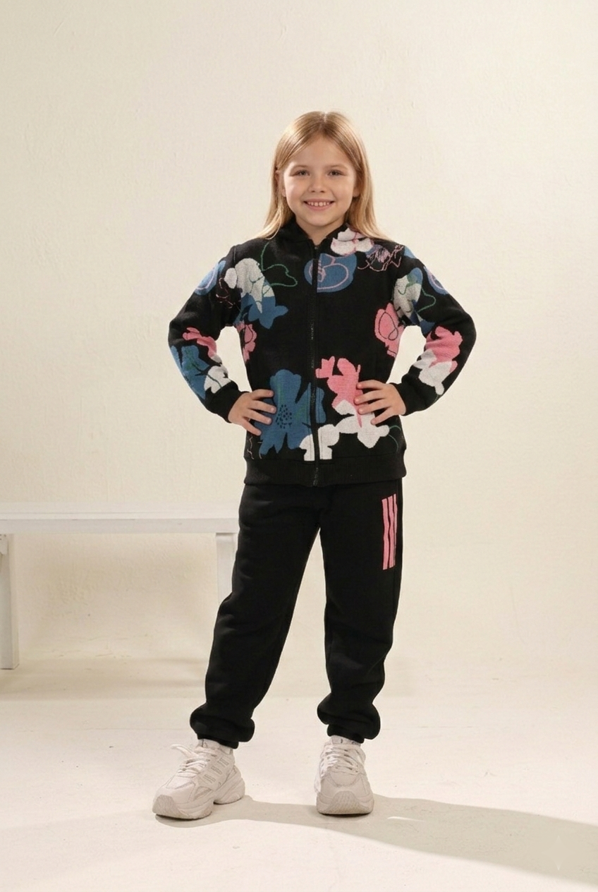 Kids Floral Sports Set – Black Base with Colorful Print k