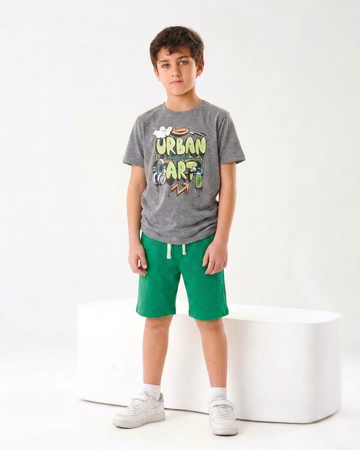 Kids “Urban Art” Summer Set – Grey Printed T-Shirt & Green Shorts