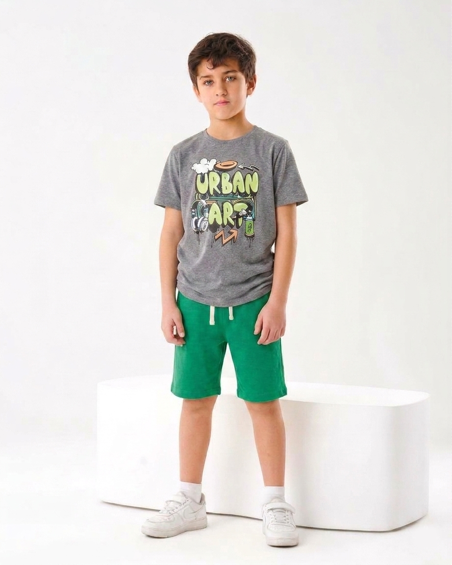 Kids “Urban Art” Summer Set – Grey Printed T-Shirt & Green Shorts