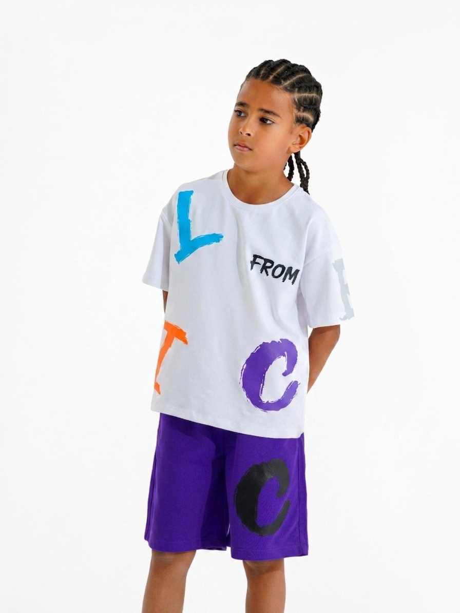 Boys Color Splash Summer Set – White Oversized Tee & Purple Shorts