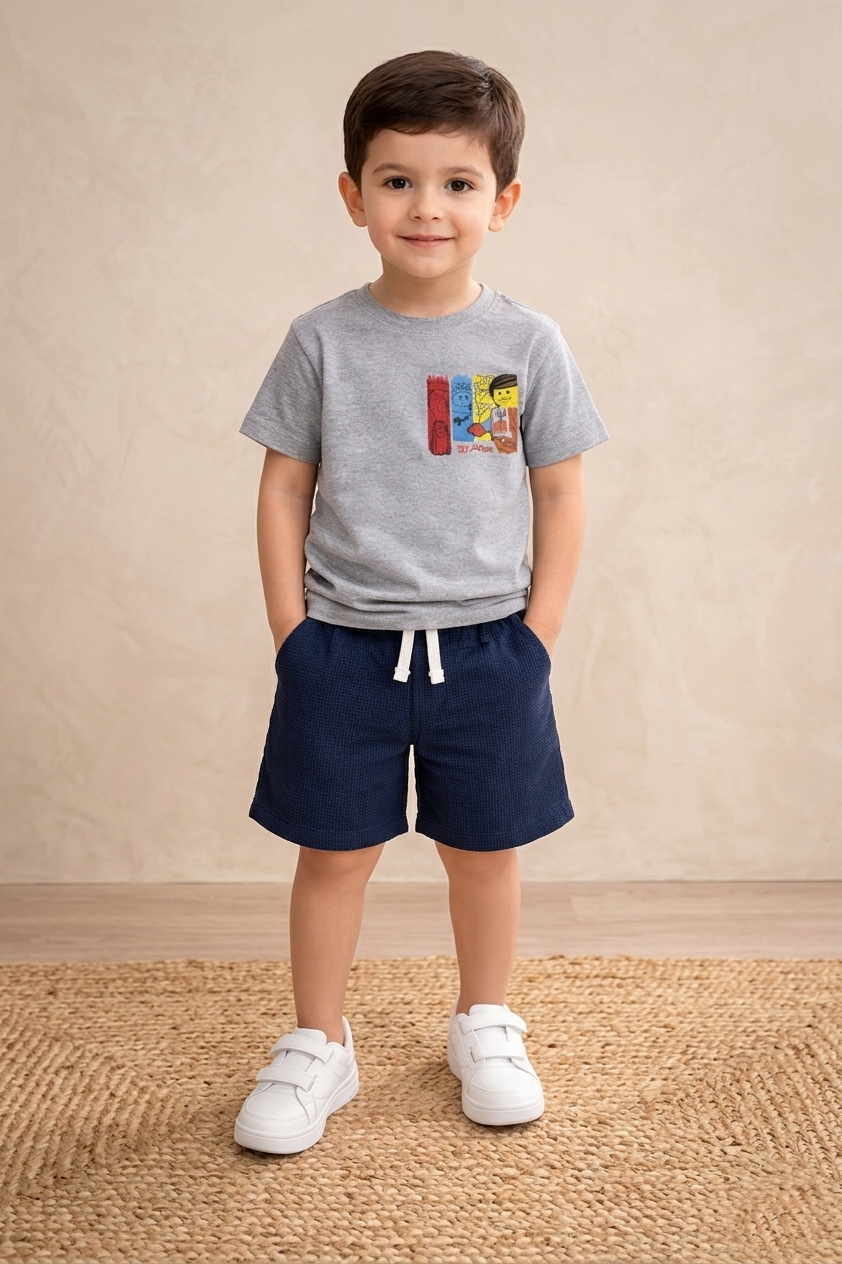 Boys grey printed t-shirt and navy shorts toddler summer outfit - Kikidoo Kids Egypt