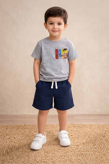 Boys grey printed t-shirt and navy shorts toddler summer outfit - Kikidoo Kids Egypt