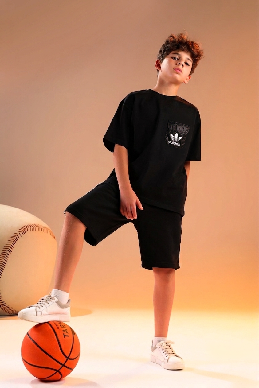 Boys Black Sport Set – Oversized T-Shirt & Shorts Casual Outfit