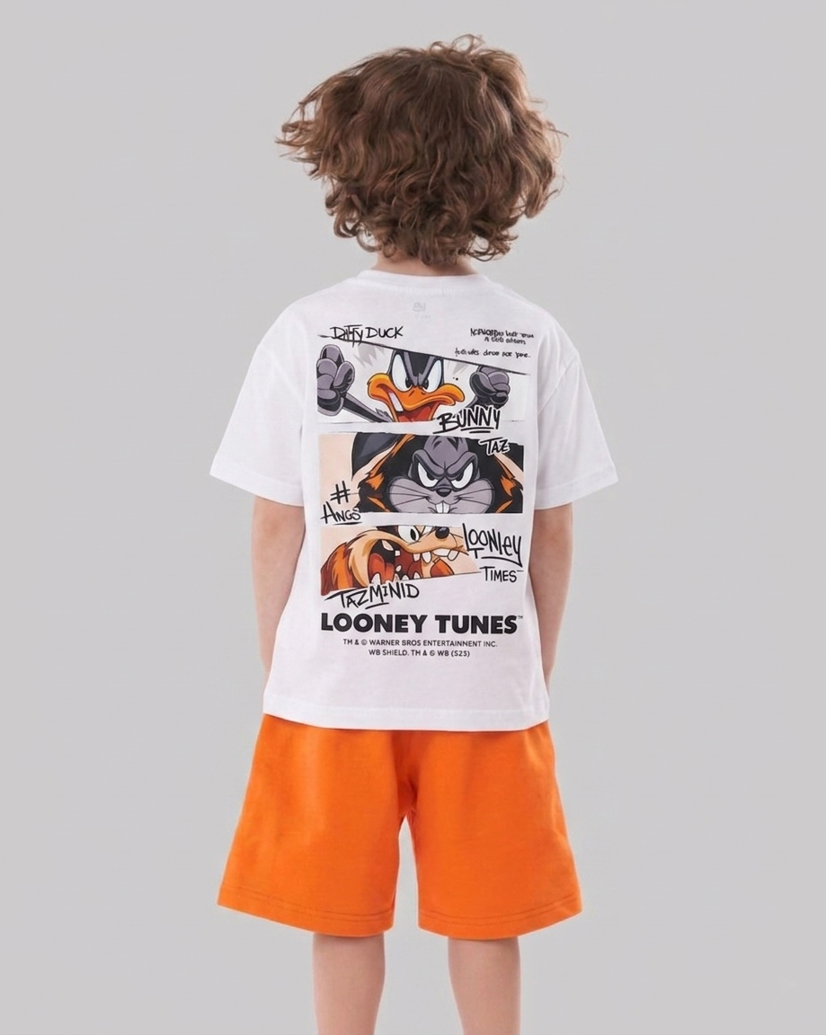 Kids Looney Tunes Summer Set – White Graphic Tee & Orange Shorts