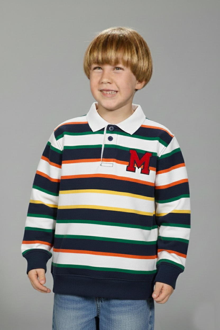 Kids Striped Polo Sweatshirt Melton K – Long Sleeve Cotton melton Top kids