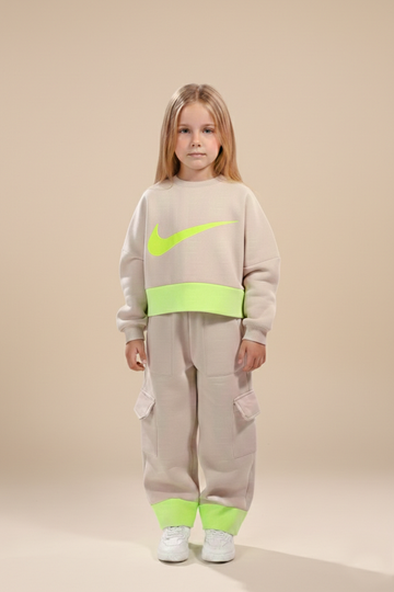 Girls Beige Cotton Tracksuit with Neon Green Details k