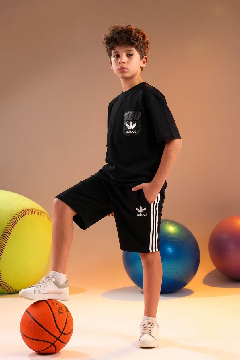 Boys Black Sport Set – Oversized T-Shirt & Shorts Casual Outfit