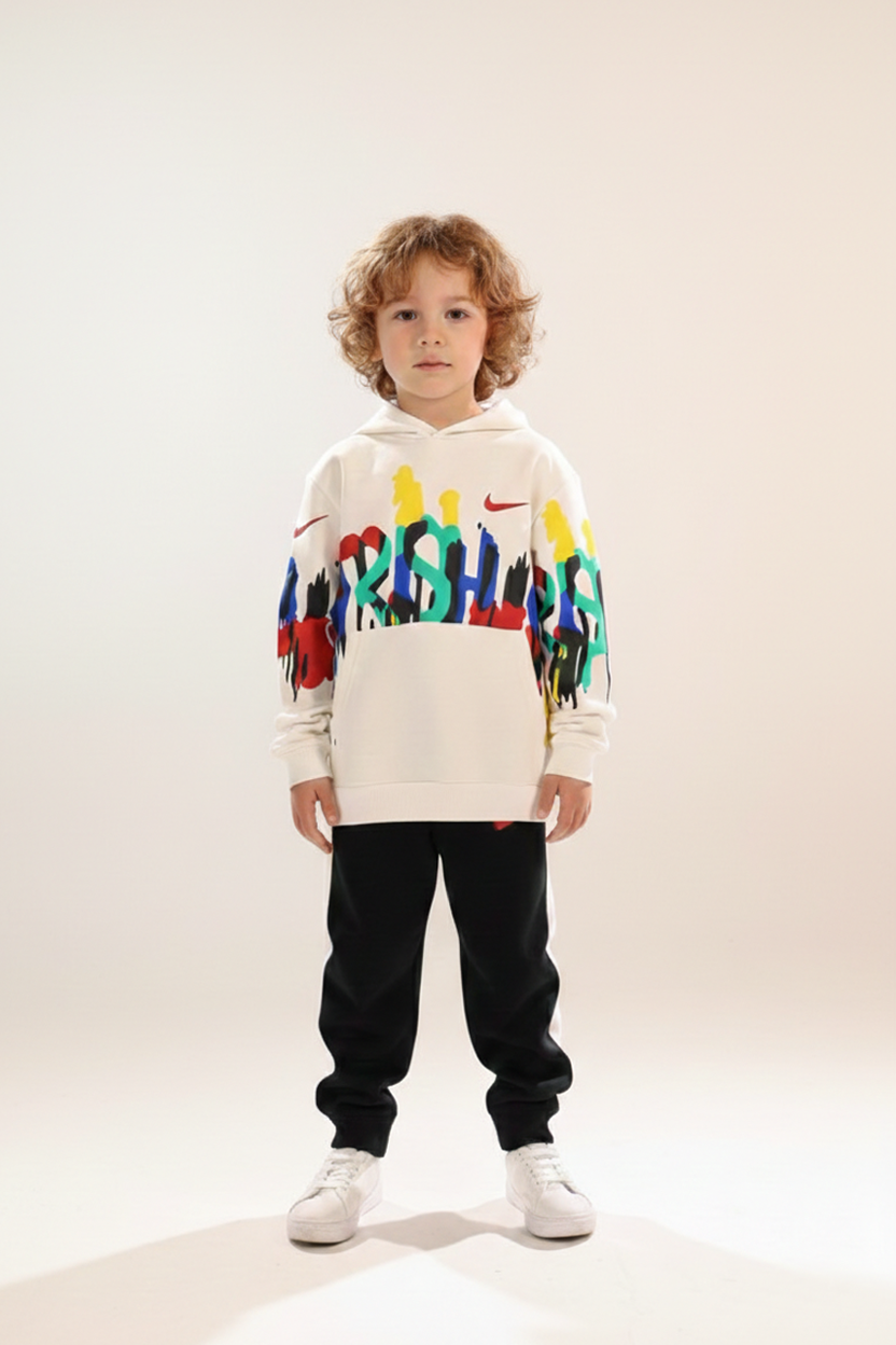Boys Graphic Hoodie Set – White Hoodie & Black Jogger Pants k