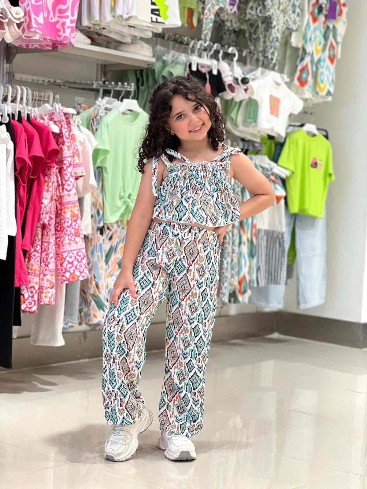 Girls Smocked Crop Top & Wide-Leg Pants Set – Vibrant Summer Print
