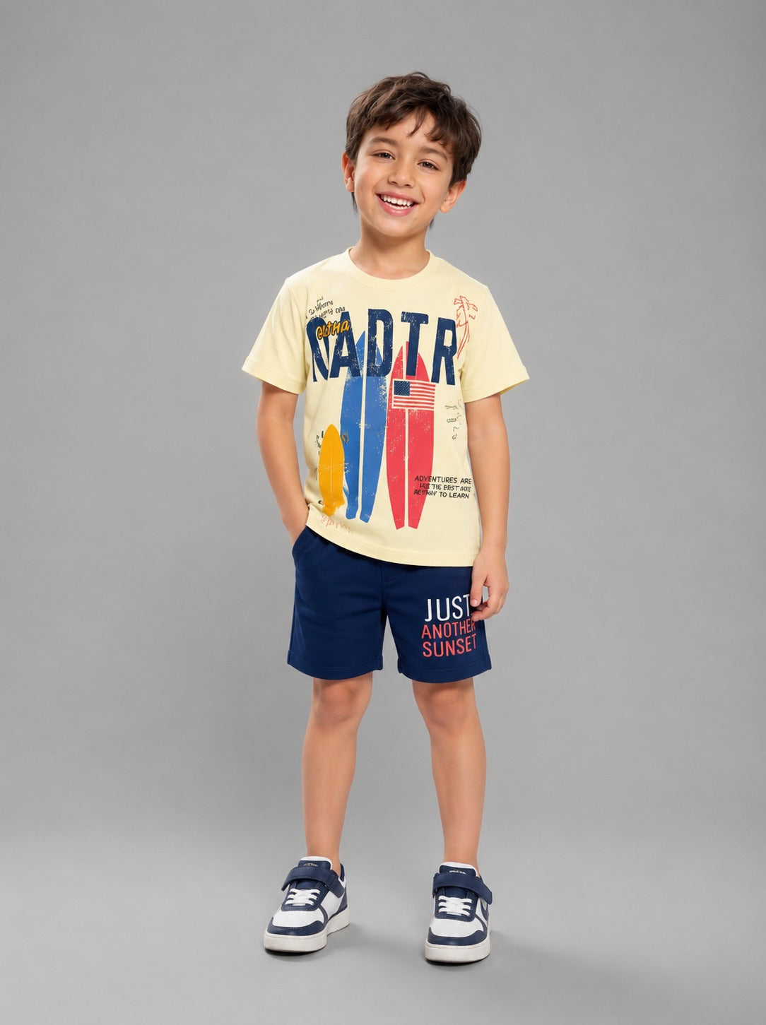 Boys Cactus Adventure Cotton T-Shirt & Shorts Set – Cream & Navy