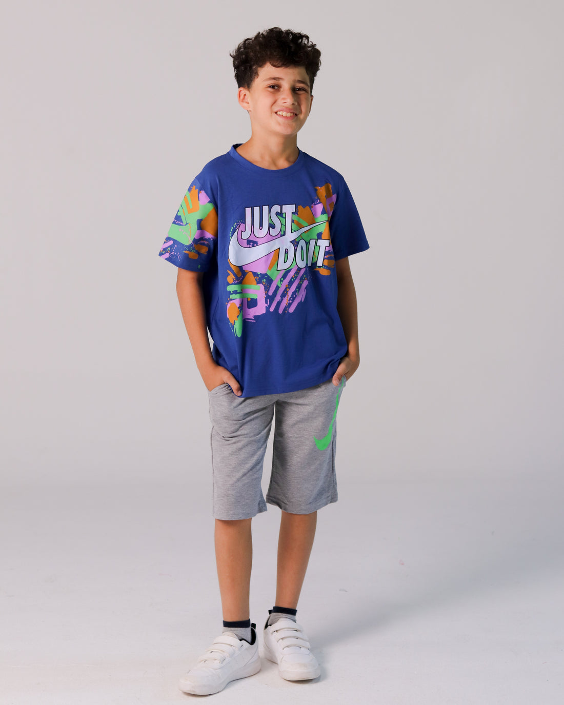 Nike-Inspired Boys’ Graphic Tee Set – "Just Do It" Blue T-Shirt & Grey Shorts