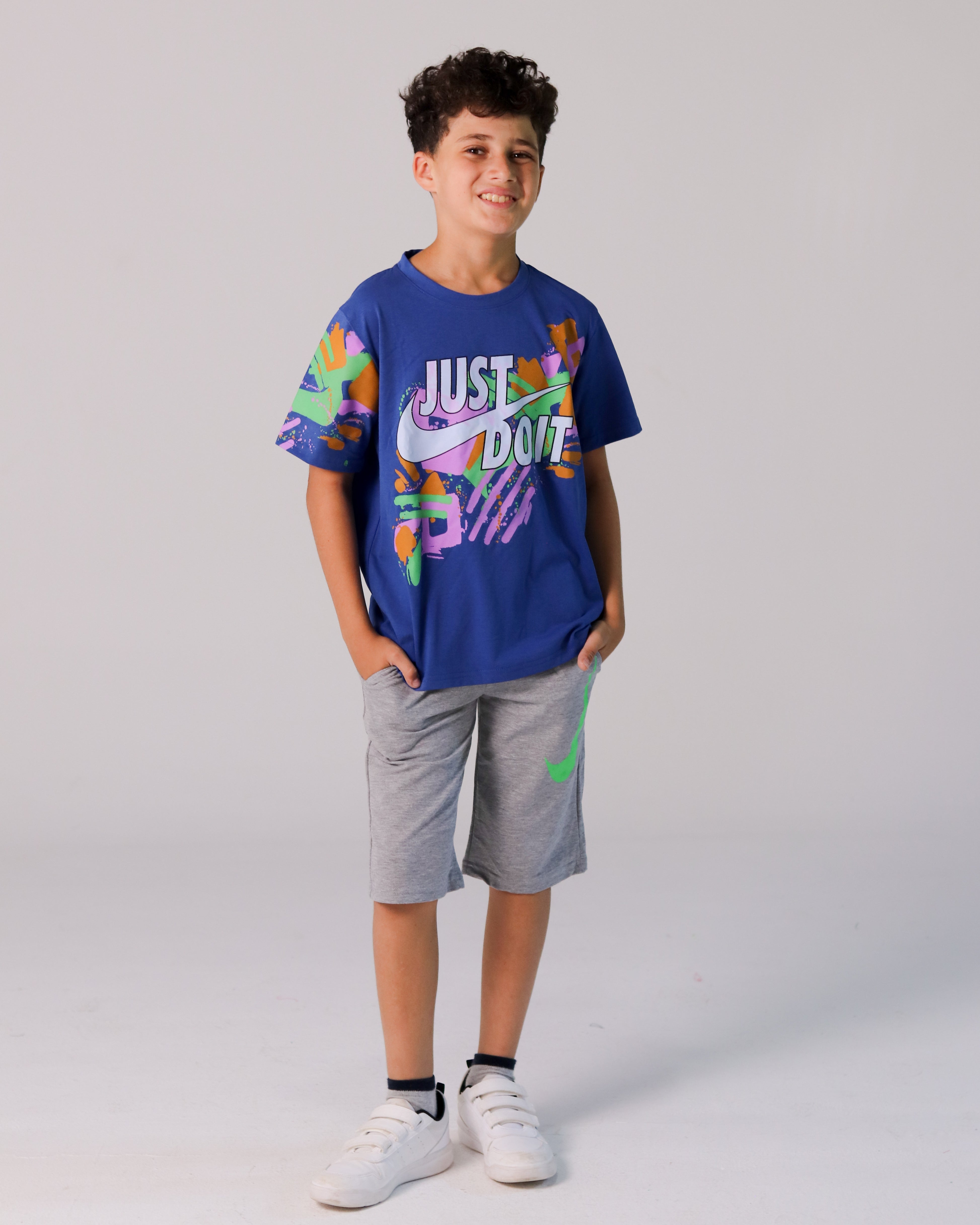 Nike-Inspired Boys’ Graphic Tee Set – "Just Do It" Blue T-Shirt & Grey Shorts