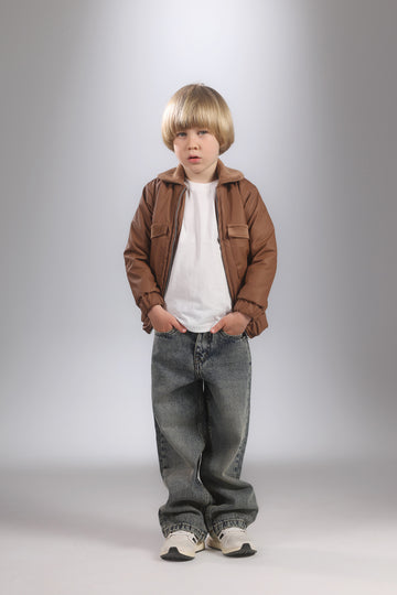 Boys 2-Piece Set – Brown Leather Jacket & Denim Jeans