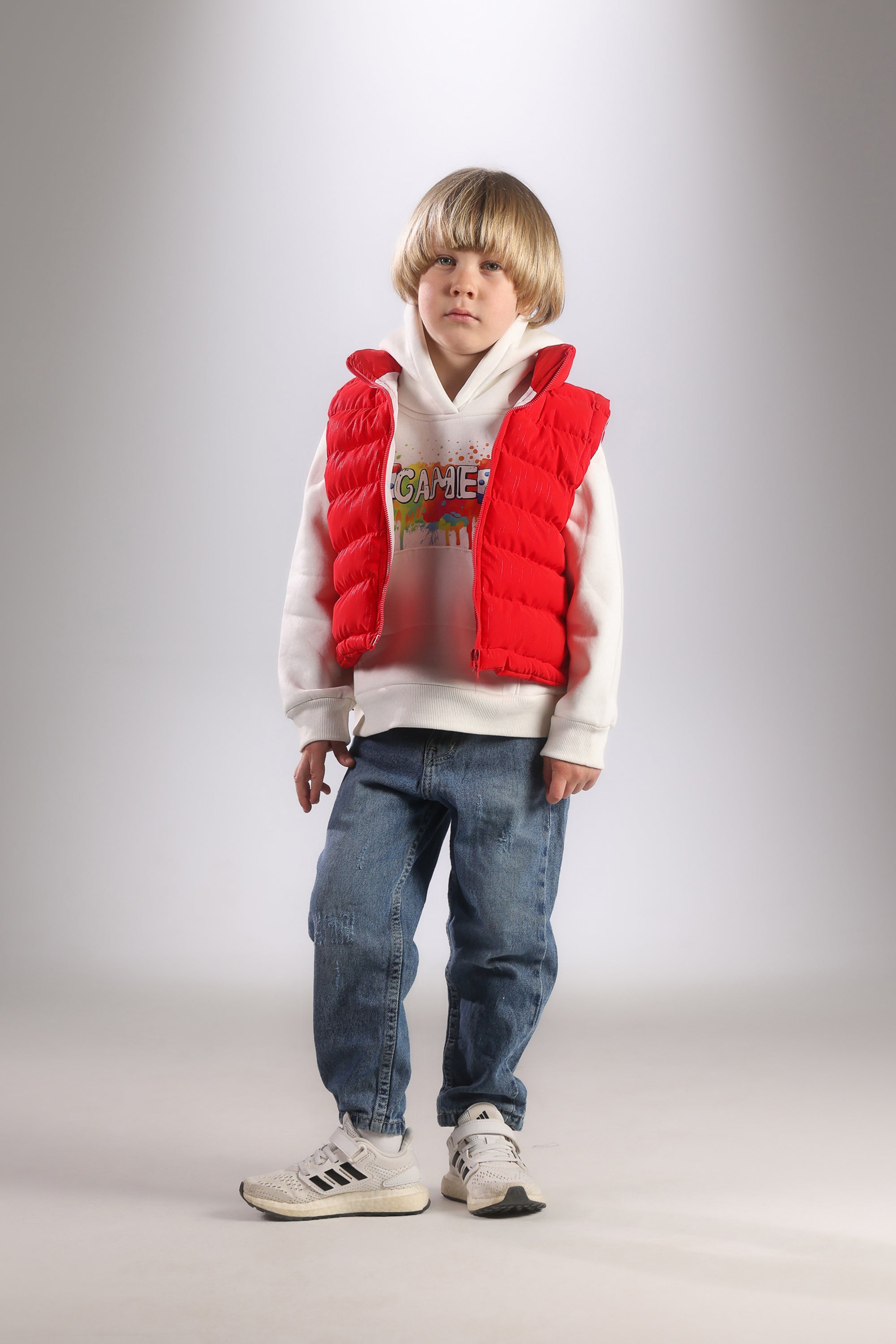 Boys 3-Piece Winter Set – Hoodie, Red Puffer Vest & Denim Jeans