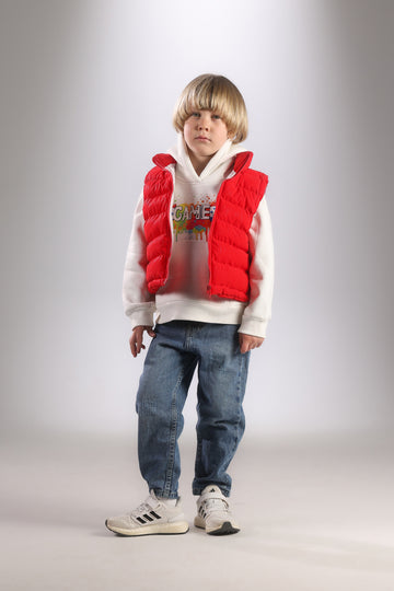 Boys 3-Piece Winter Set – Hoodie, Red Puffer Vest & Denim Jeans