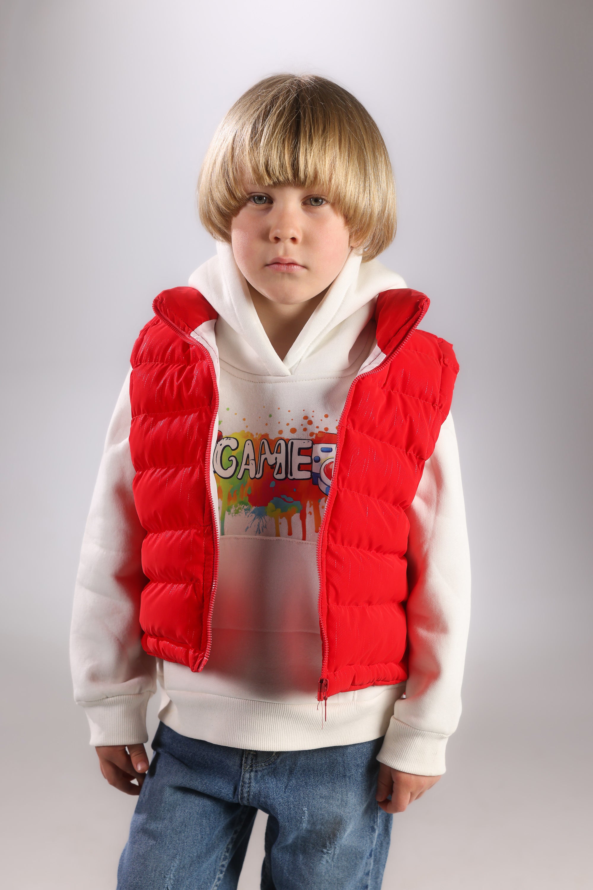 Boys 3-Piece Winter Set – Hoodie, Red Puffer Vest & Denim Jeans
