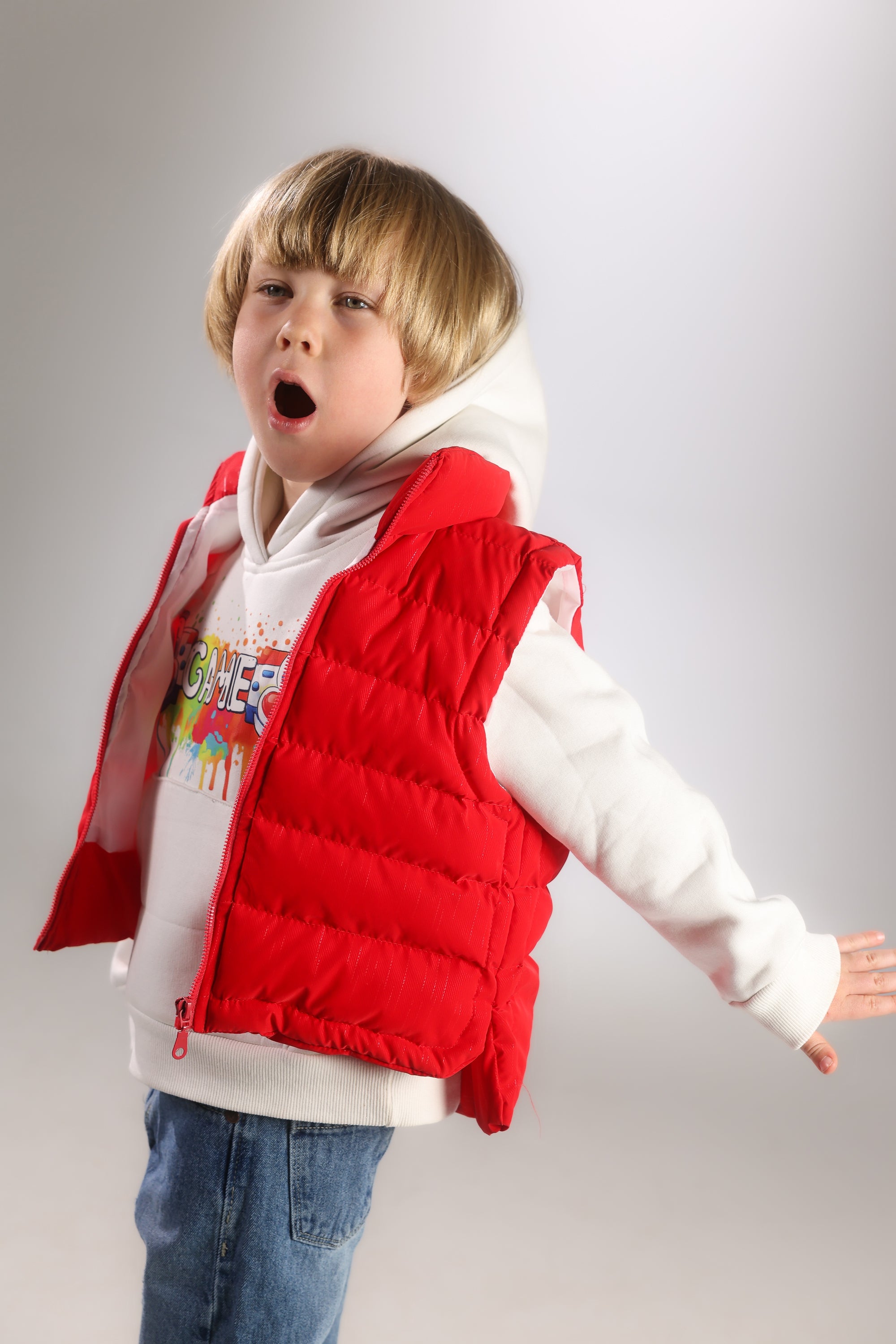 Boys 3-Piece Winter Set – Hoodie, Red Puffer Vest & Denim Jeans