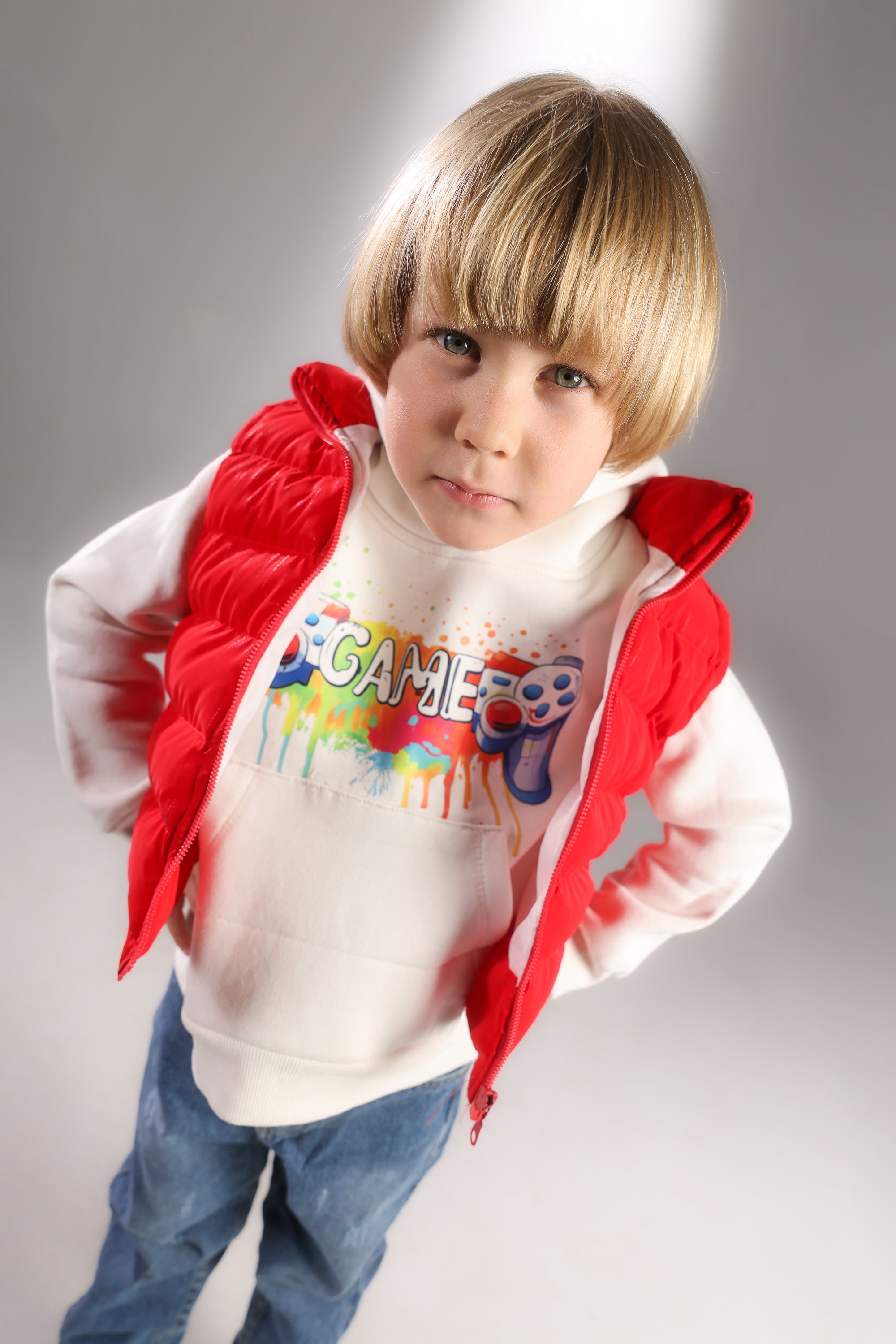 Boys 3-Piece Winter Set – Hoodie, Red Puffer Vest & Denim Jeans