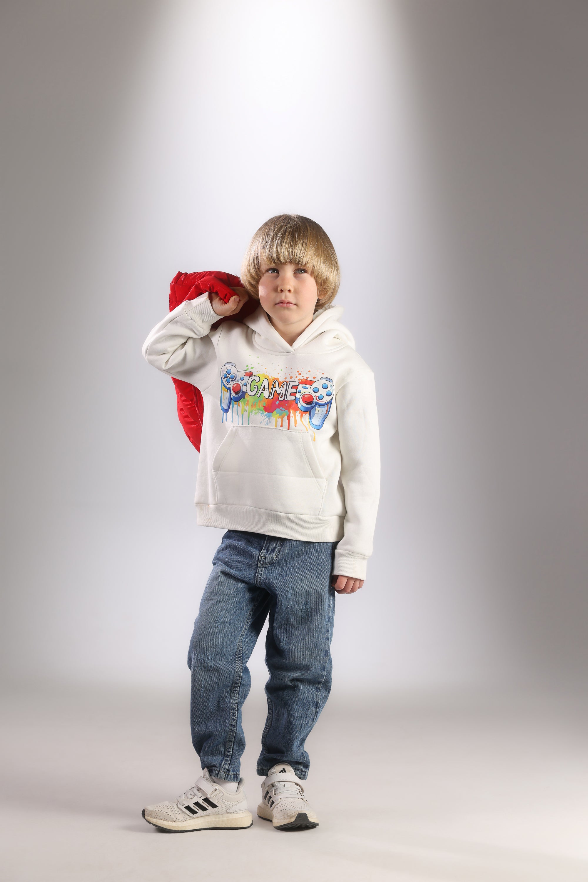 Boys 3-Piece Winter Set – Hoodie, Red Puffer Vest & Denim Jeans