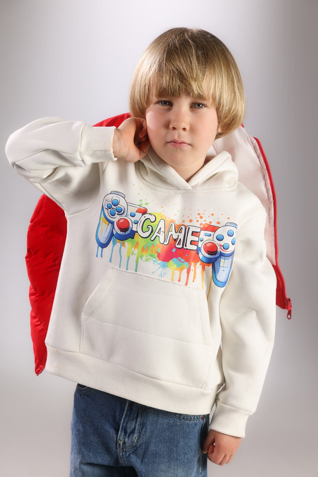 Boys 3-Piece Winter Set – Hoodie, Red Puffer Vest & Denim Jeans