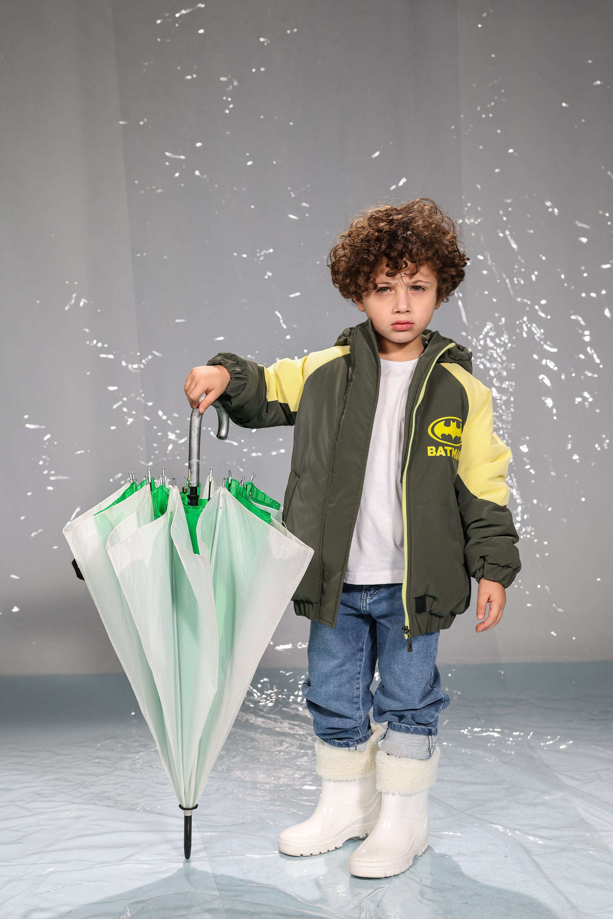 Kids Batman Graphic Puffer Jacket – Olive & Yellow | Lightweight Warm Winter Coat