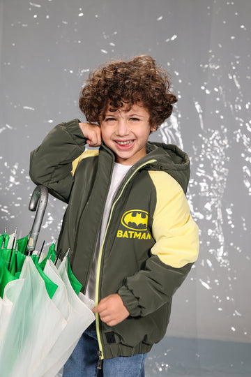Kids Batman Graphic Puffer Jacket – Olive & Yellow | Lightweight Warm Winter Coat
