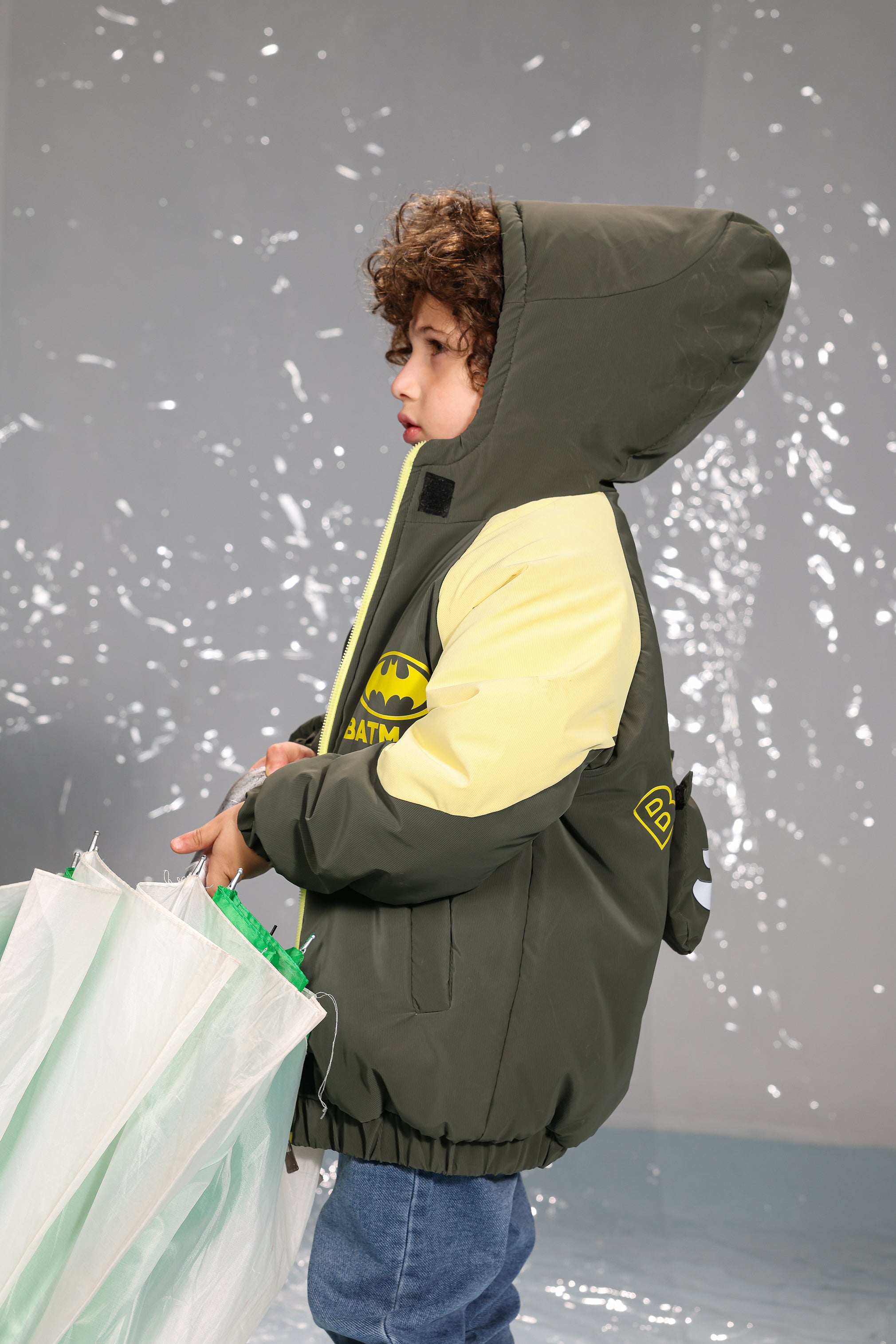 Kids Batman Graphic Puffer Jacket – Olive & Yellow | Lightweight Warm Winter Coat