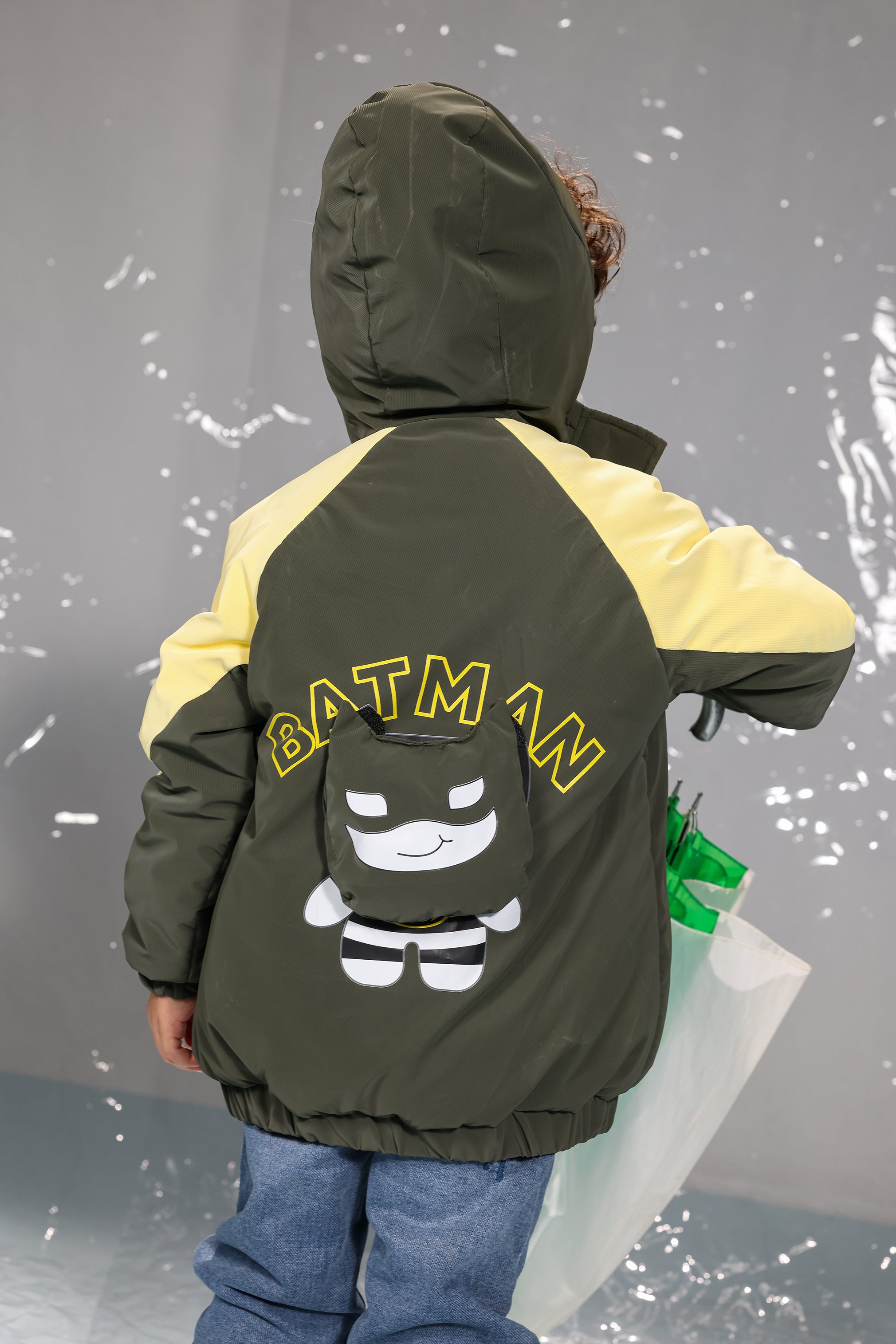 Kids Batman Graphic Puffer Jacket – Olive & Yellow | Lightweight Warm Winter Coat