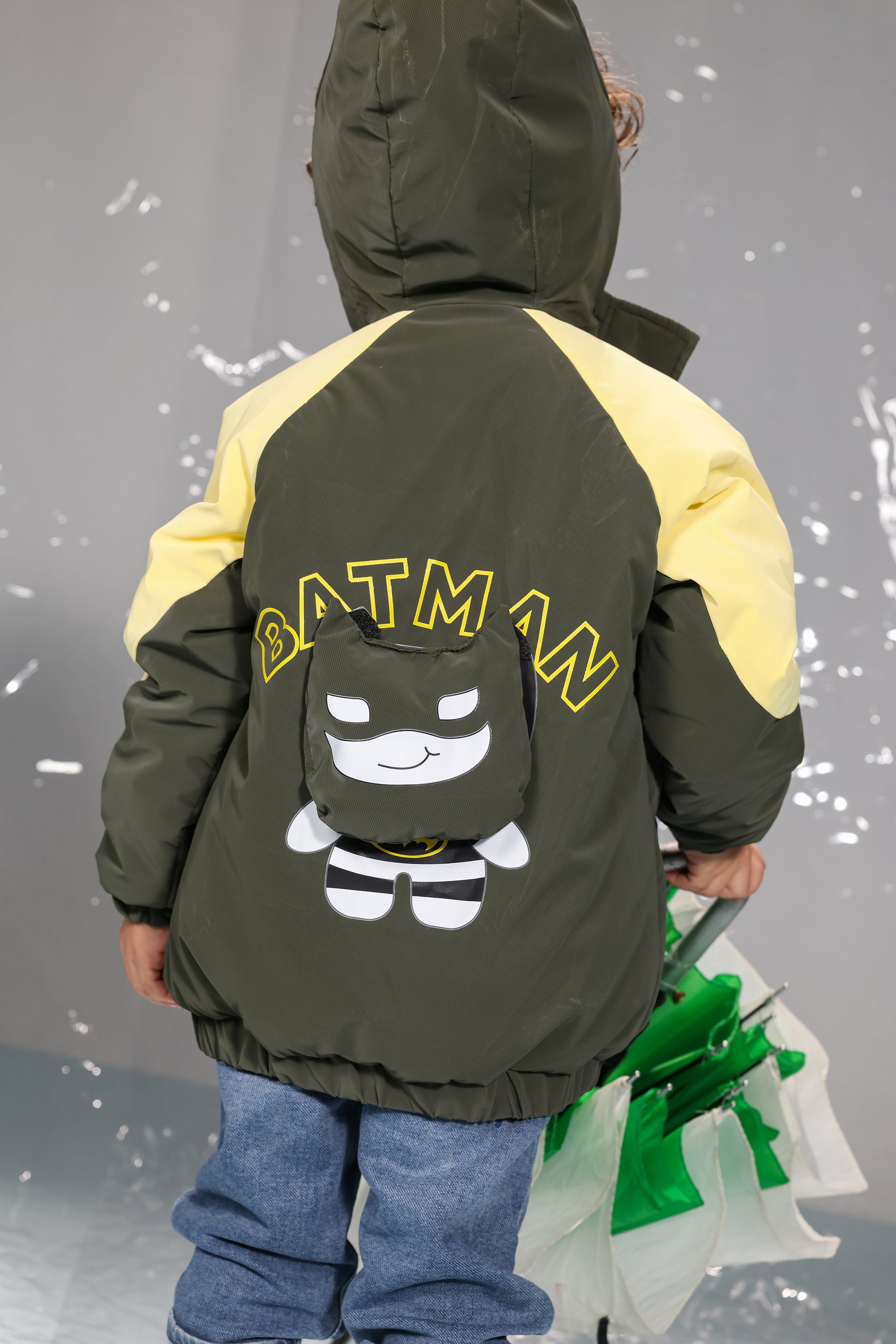 Kids Batman Graphic Puffer Jacket – Olive & Yellow | Lightweight Warm Winter Coat