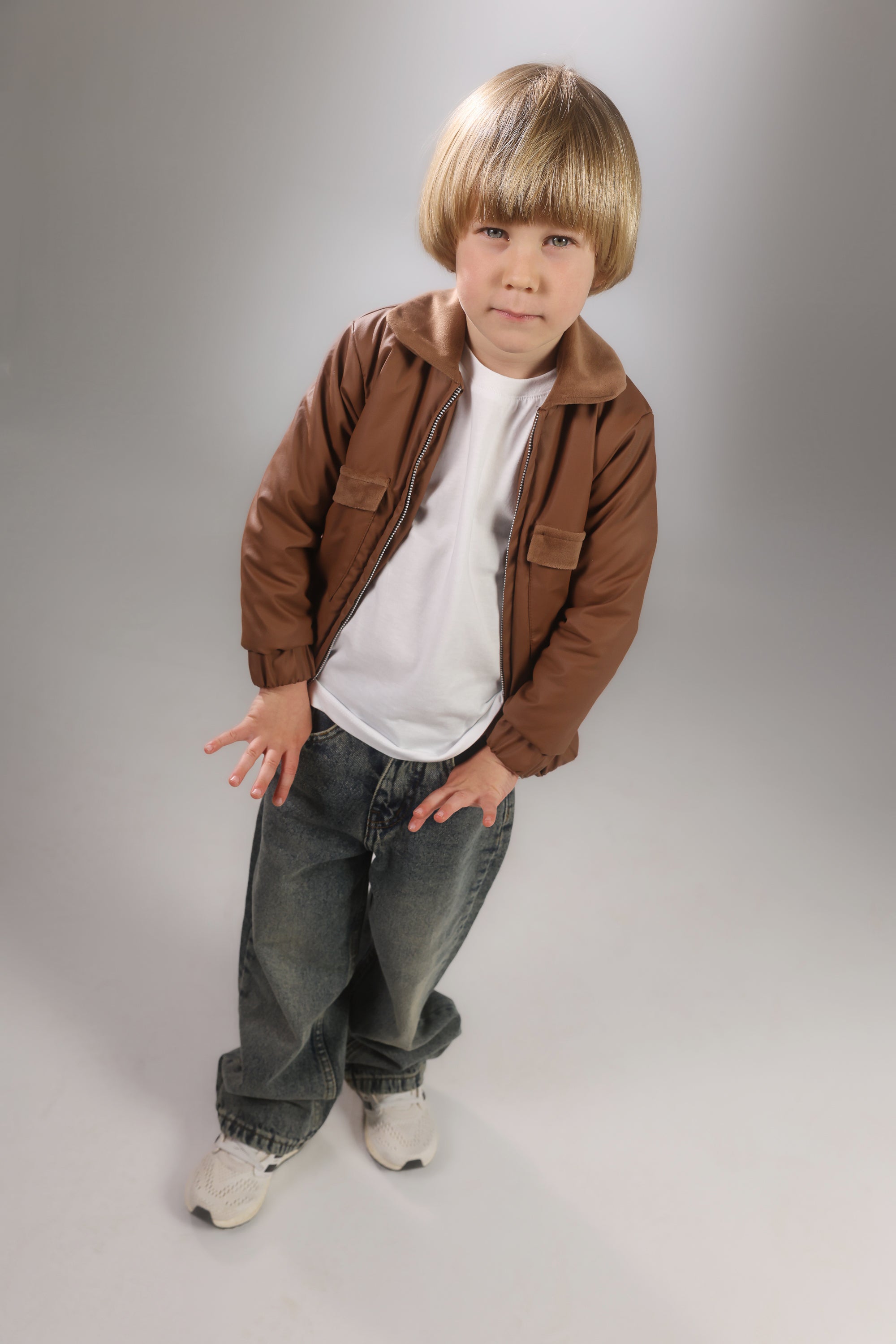 Boys 2-Piece Set – Brown Leather Jacket & Denim Jeans