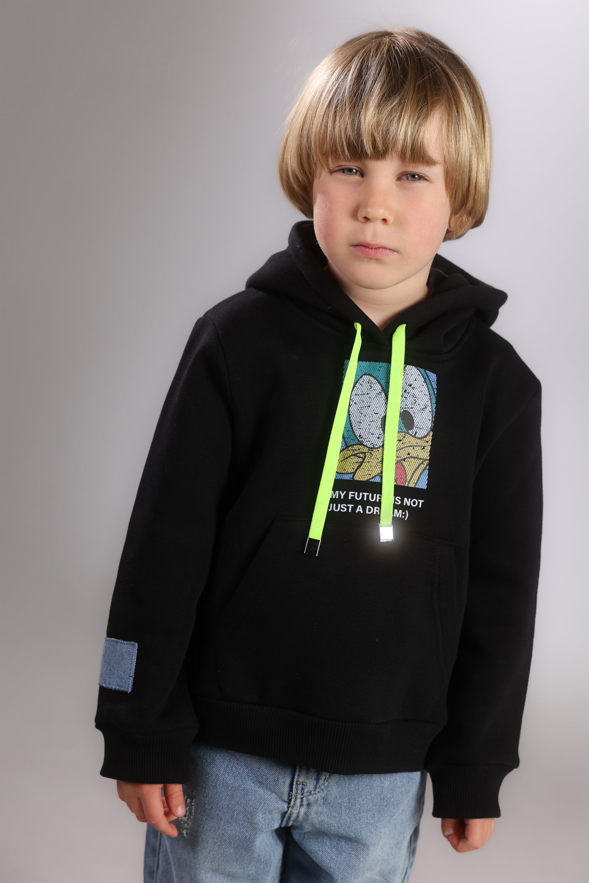 Boys 2-Piece Hoodie & Denim Set – Graphic Print Black Hoodie