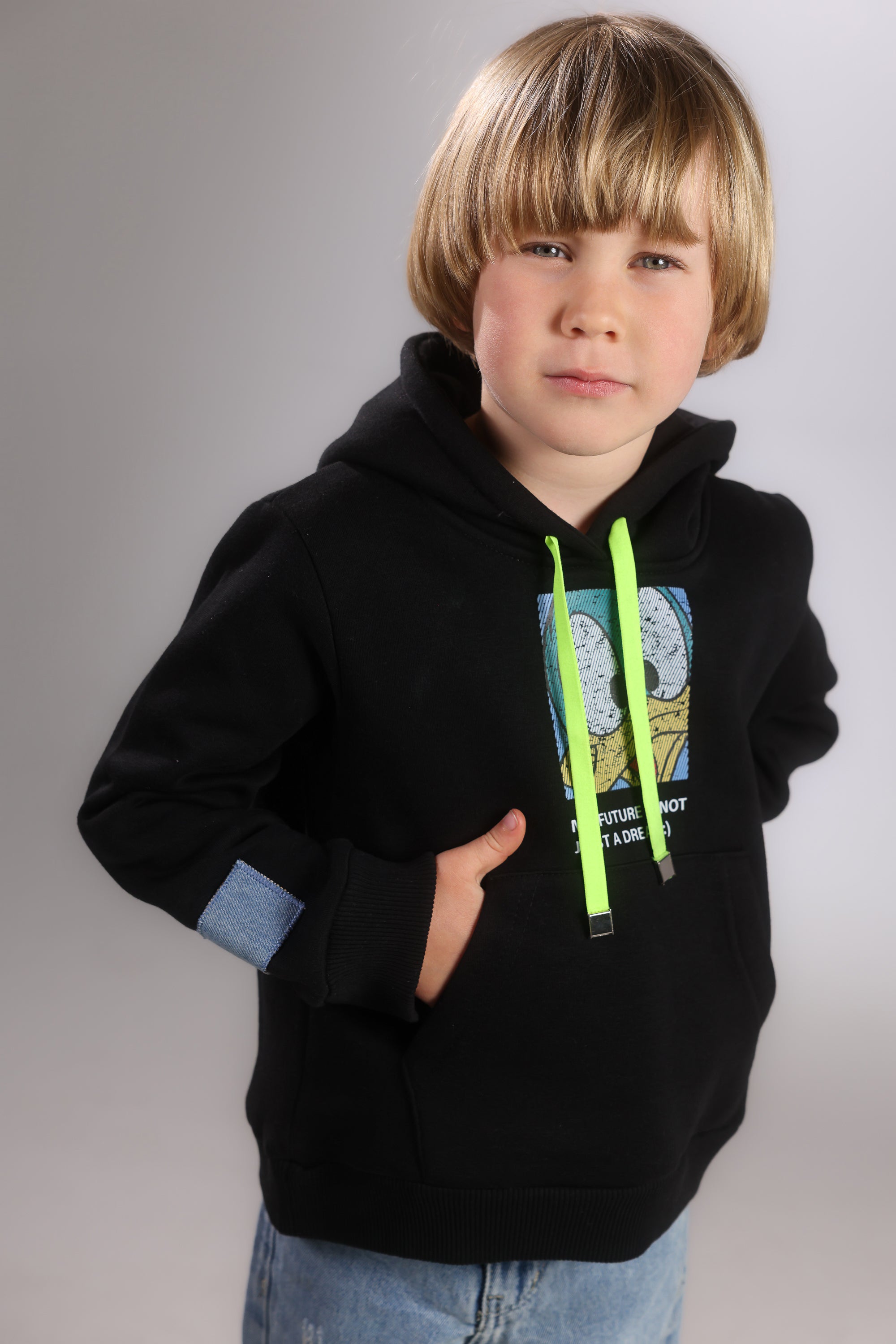 Boys 2-Piece Hoodie & Denim Set – Graphic Print Black Hoodie