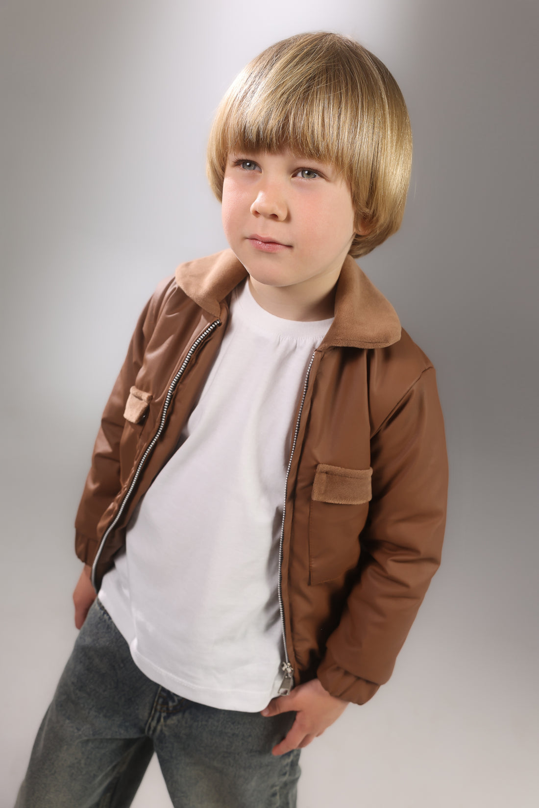 Boys 2-Piece Set – Brown Leather Jacket & Denim Jeans