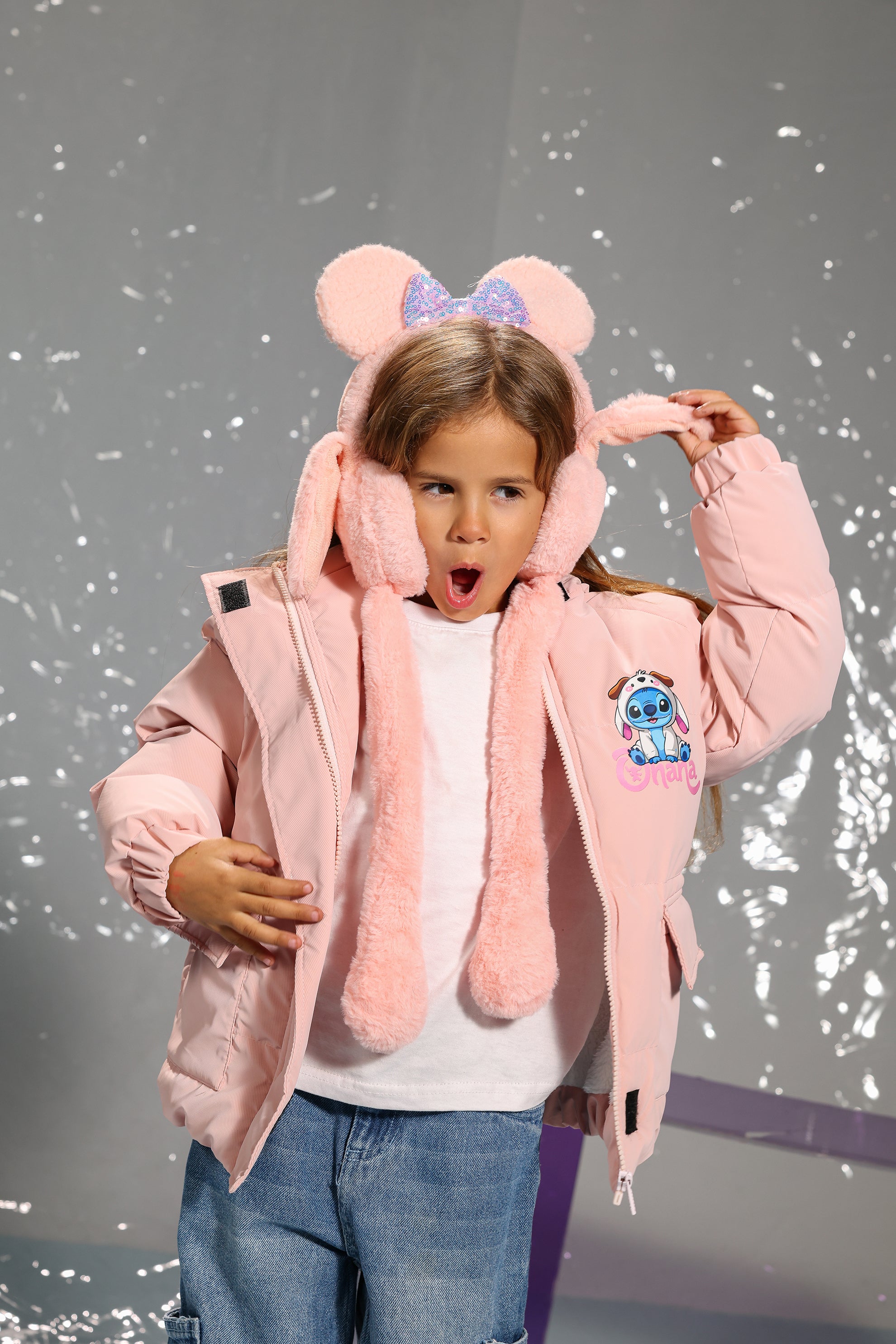 Pink Stitch Puffer Jacket for Girls – Cozy Winter Warmth with Cute Long-Ear Hood